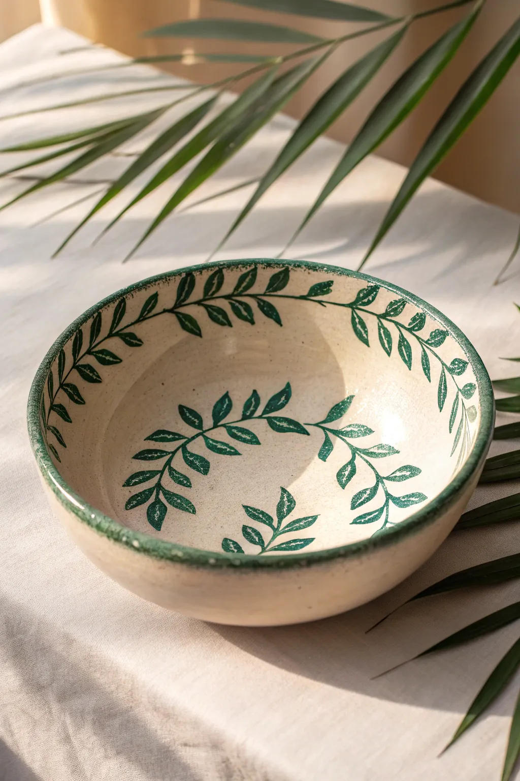 Minimalist ceramic bowl with hand-painted vine rim, simple botanical design for easy DIY inspiration.