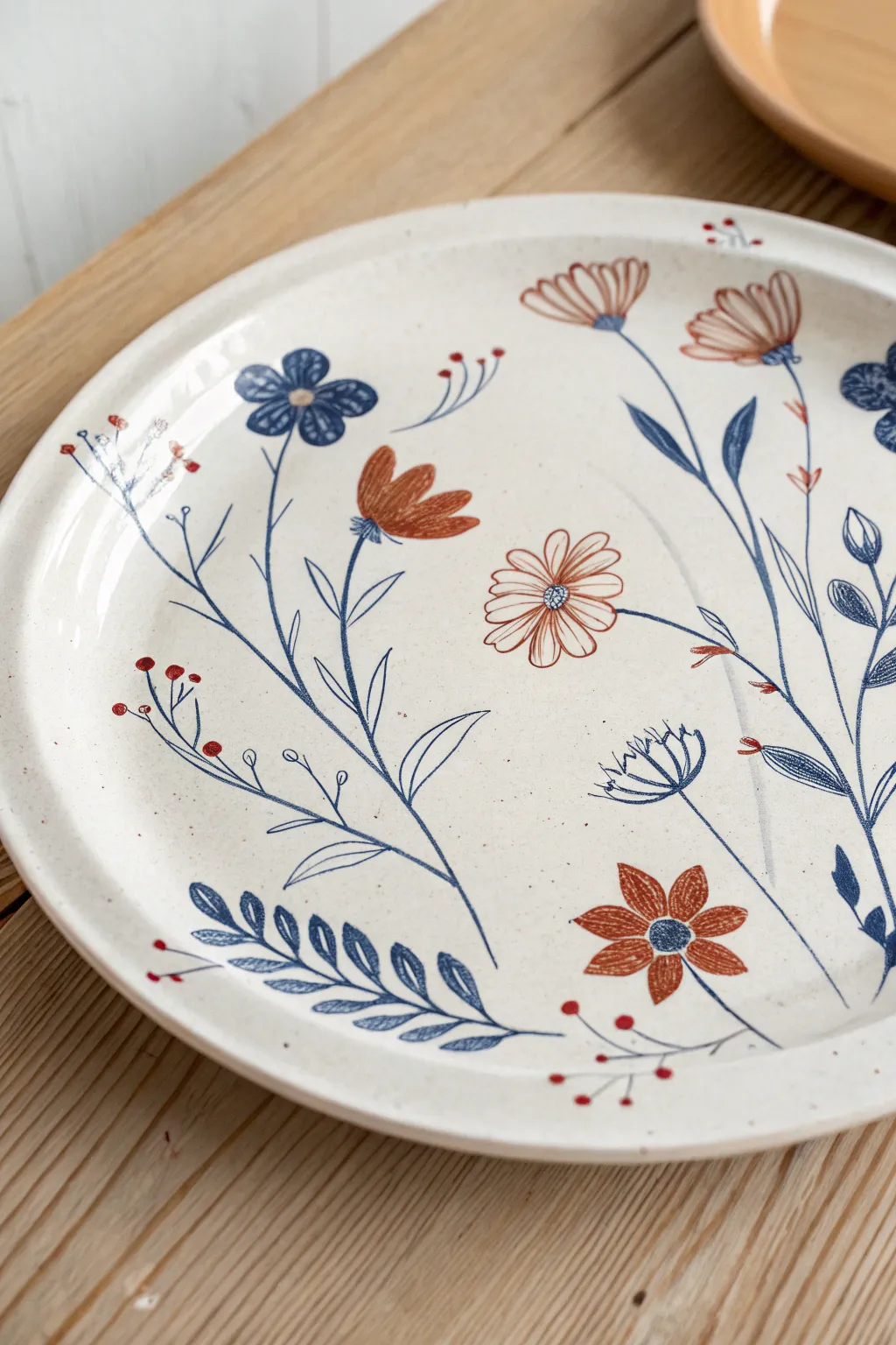 Loose wildflower doodles on a handmade plate, simple lines and bold color for an airy table look