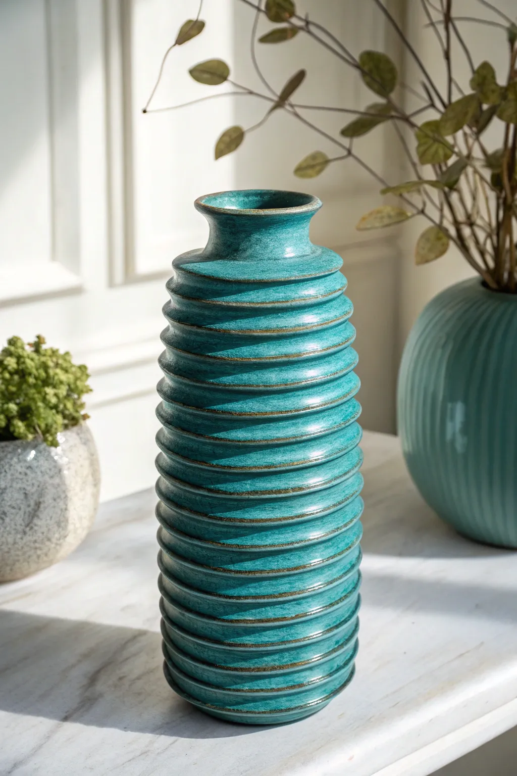 Bold teal coil vase with exposed texture, minimalist styling, and a handcrafted high-school vibe