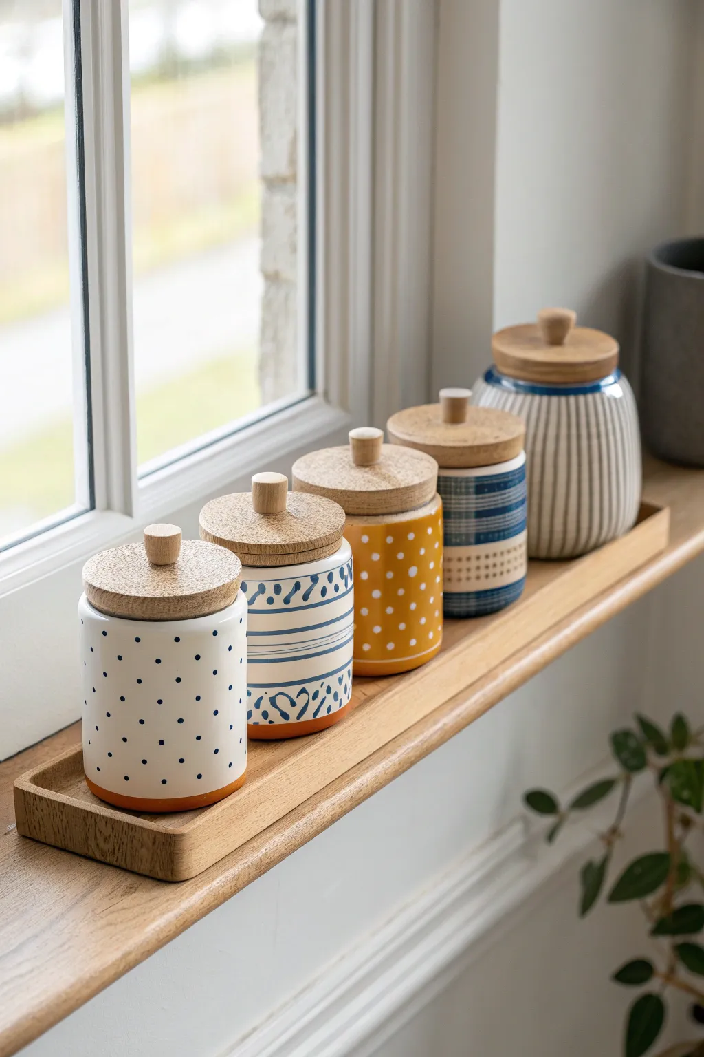 A cohesive mini spice jar set with bold stripes and soft neutrals for a chic, tidy shelf.