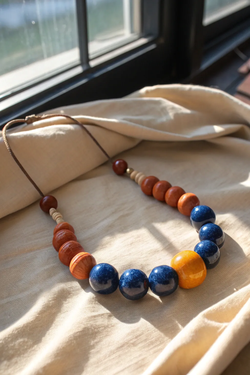 Simple ceramic bead necklace with a bold focal bead, minimal Scandinavian style with boho warmth