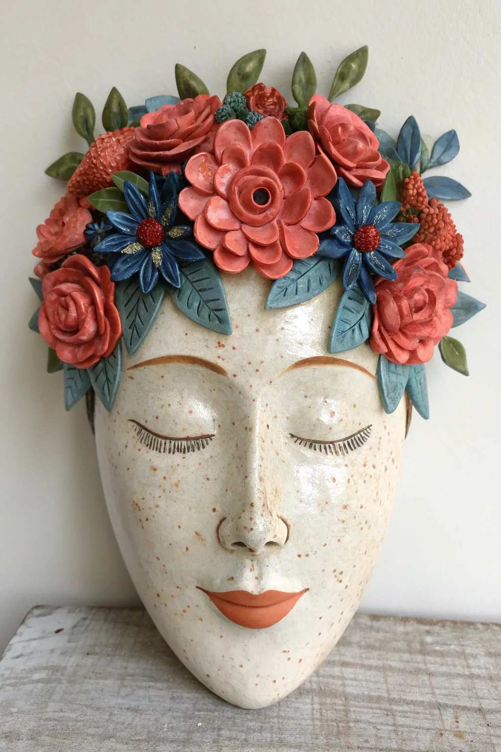 Floral crown ceramic face mask with raised petals, minimalist boho style in bold garden hues.