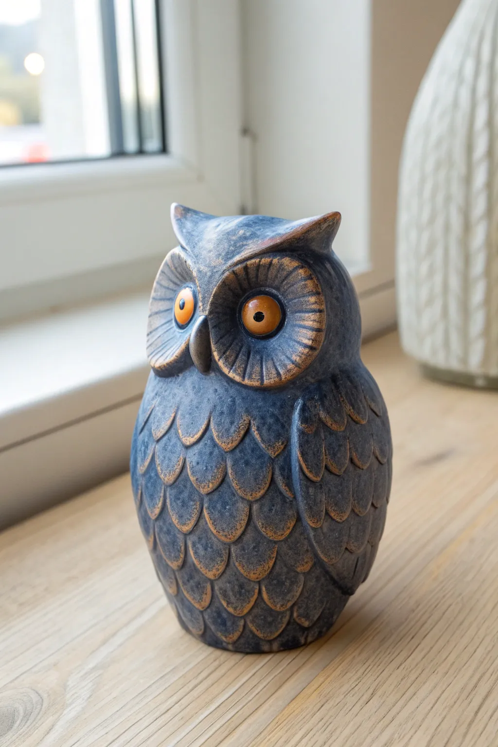 Dark matte owl with gentle dry-brush feather highlights for crisp, dimensional texture