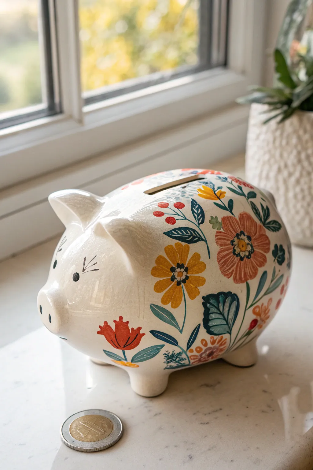 Wraparound wildflower meadow piggy bank, bold blooms on glossy ceramic for a joyful handmade look.