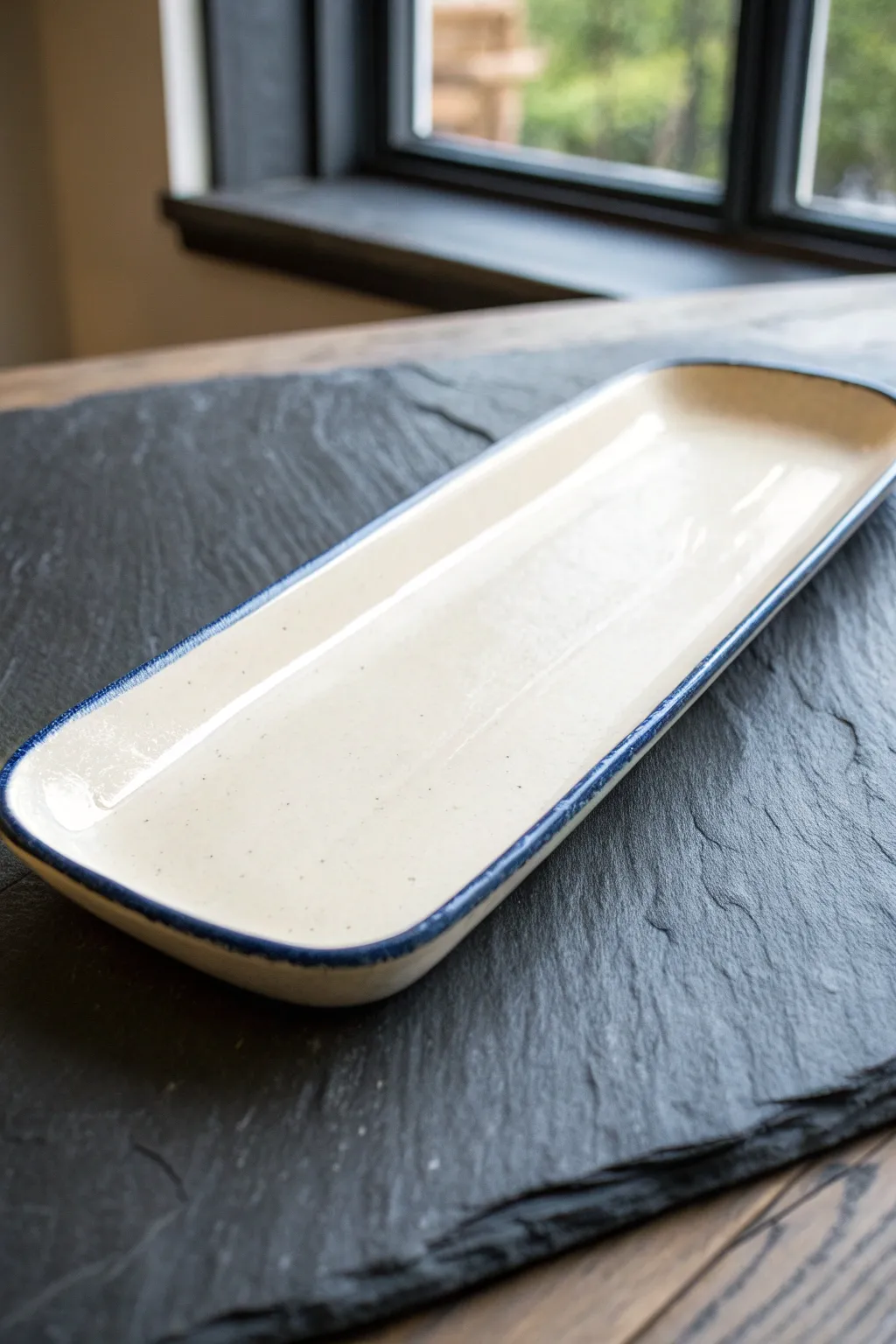 Minimal long rectangular ceramic platter with delicate border, perfect for modern appetizer spreads.