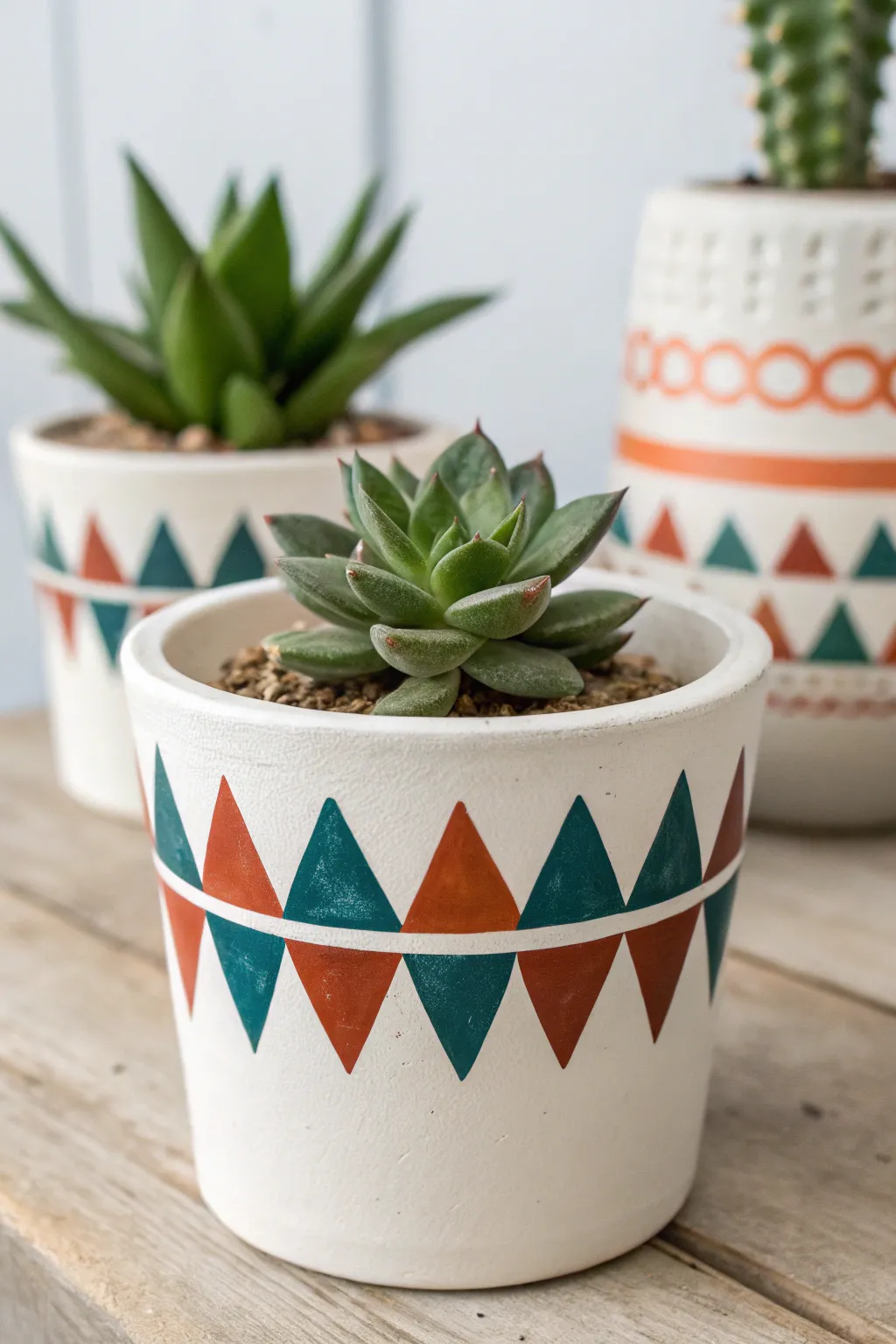 Crisp white planter with bold triangle pattern and a tiny succulent, minimal yet boho chic.