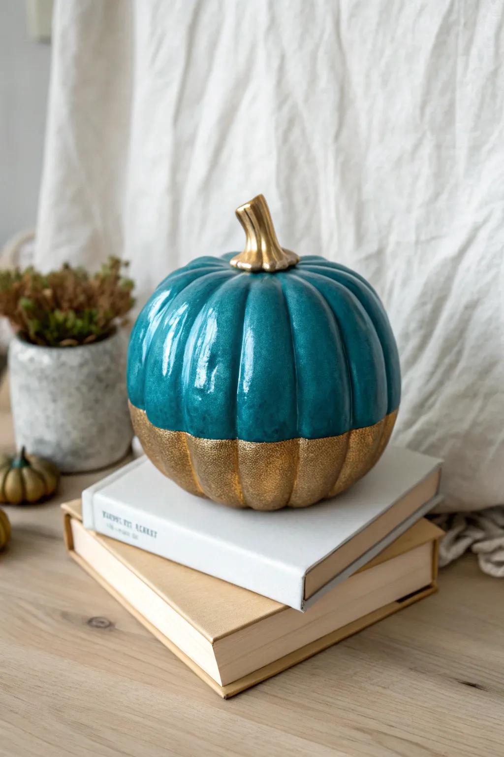 Minimal ceramic pumpkin with metallic dipped base, a chic modern fall accent on neutral books