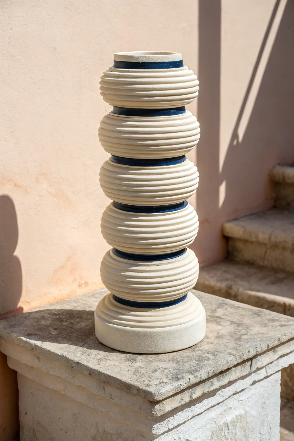 Coil-built stacked totem sculpture with neutral glaze and bold carved bands for contrast