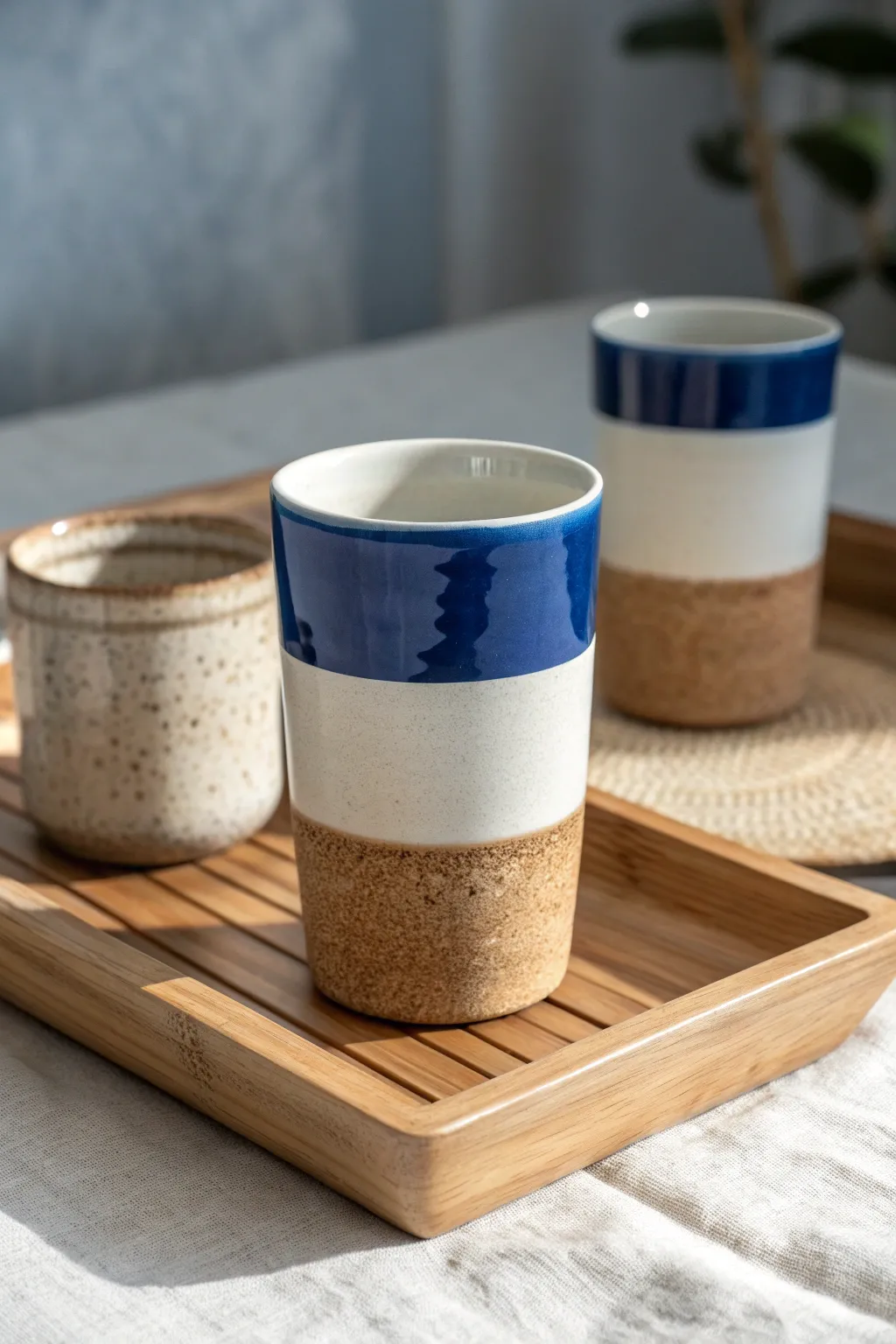 Minimal tumbler set inspiration with bold glaze bands and calm Scandinavian, boho-leaning style.