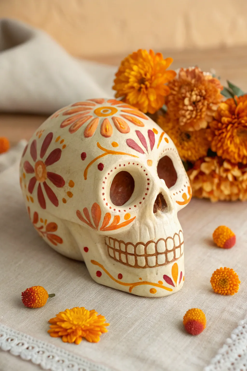 Marigold palette sugar skull in warm orange, yellow, and coral with simple floral details