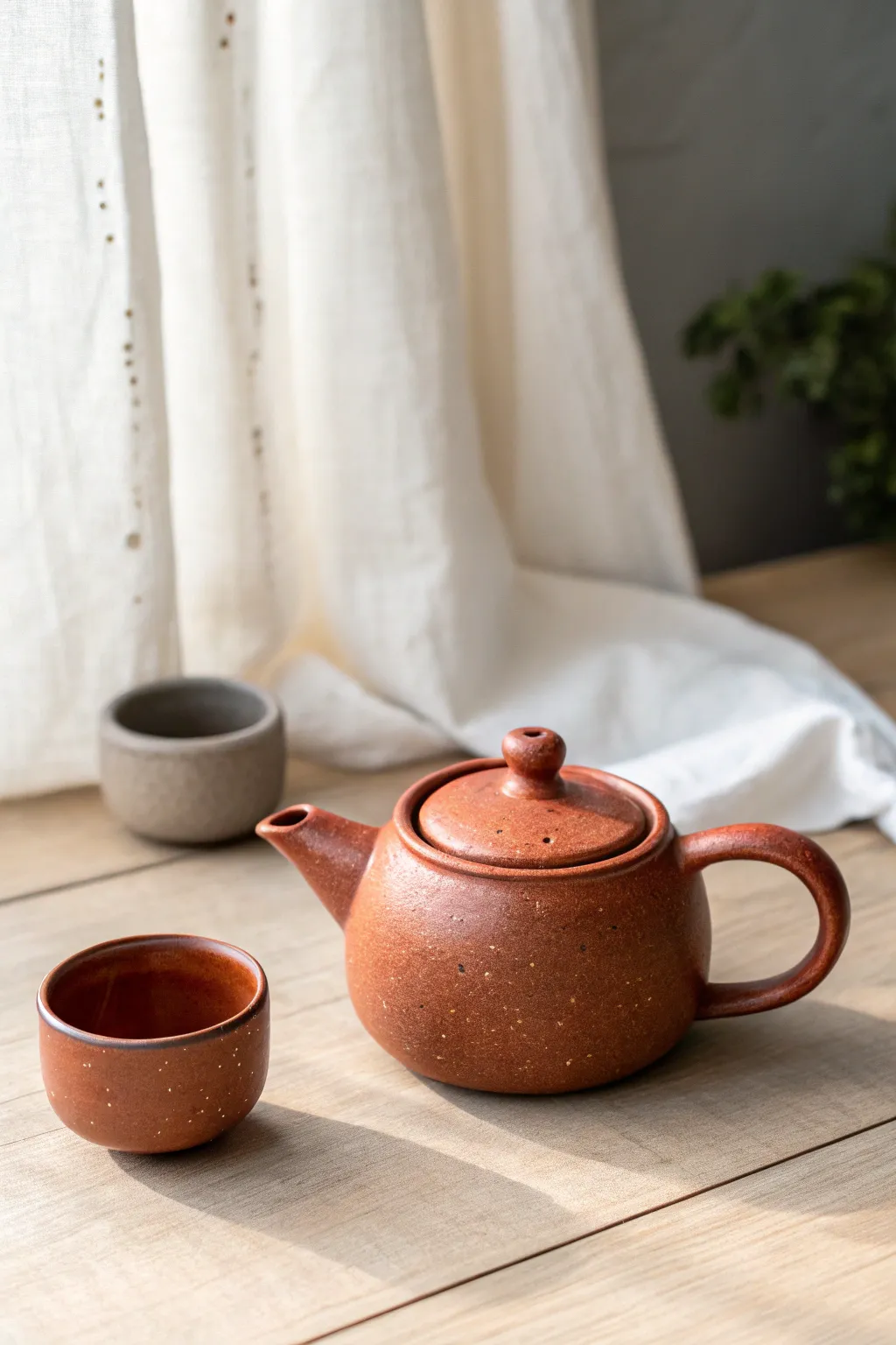 Kyusu-inspired side-handle teapot in matte terracotta, minimalist styling with a cozy boho feel