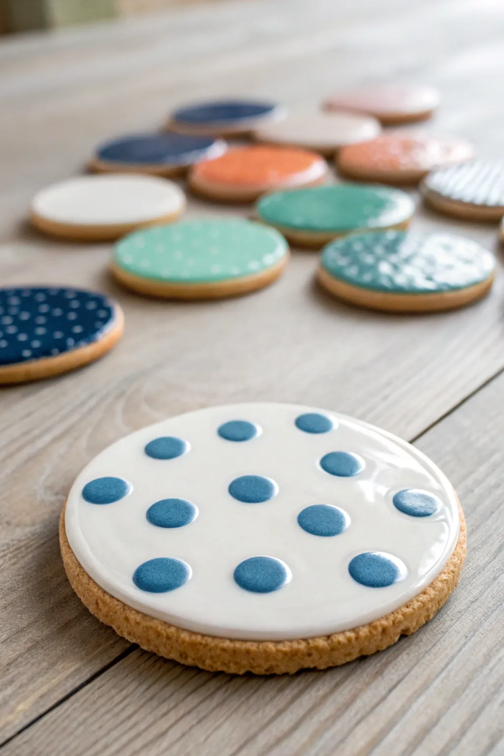 Round cookie swatch tiles with bold glazes, clean Scandinavian styling, perfect ceramic test ideas