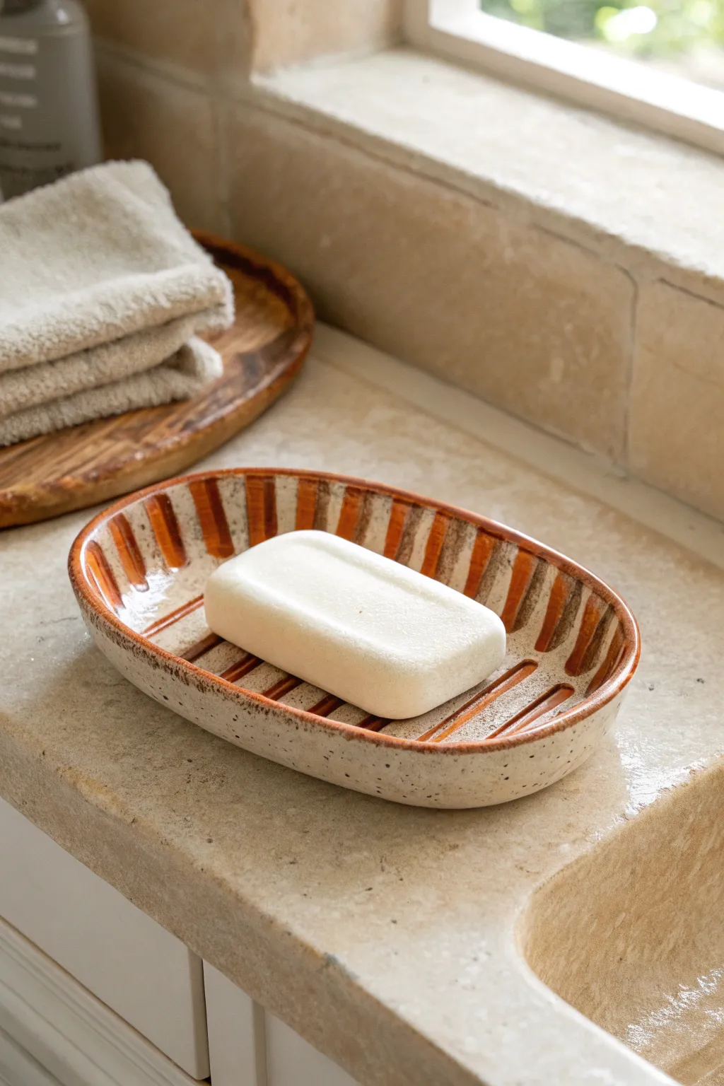 Minimal ceramic soap tray with drainage ridges for a clean, calm sink setup in bold earthy tones