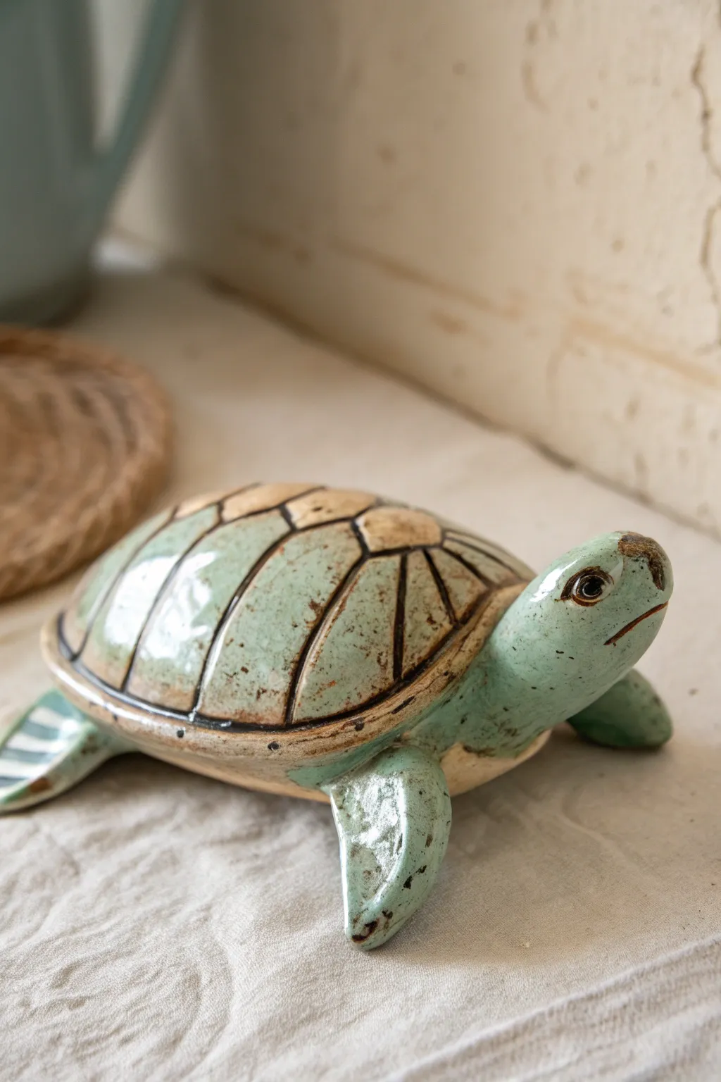 Sage and cream ceramic turtle with a dark wash that highlights every shell groove.