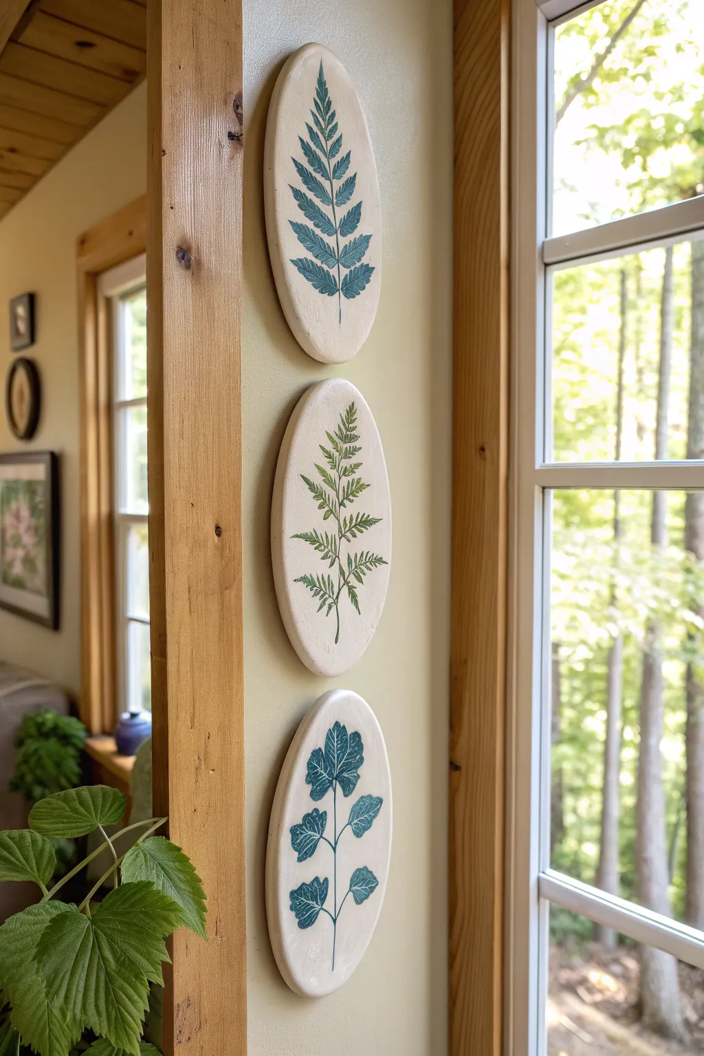 Botanical leaf-imprint plaques in a soft vertical trail, modern minimal with boho color pop.