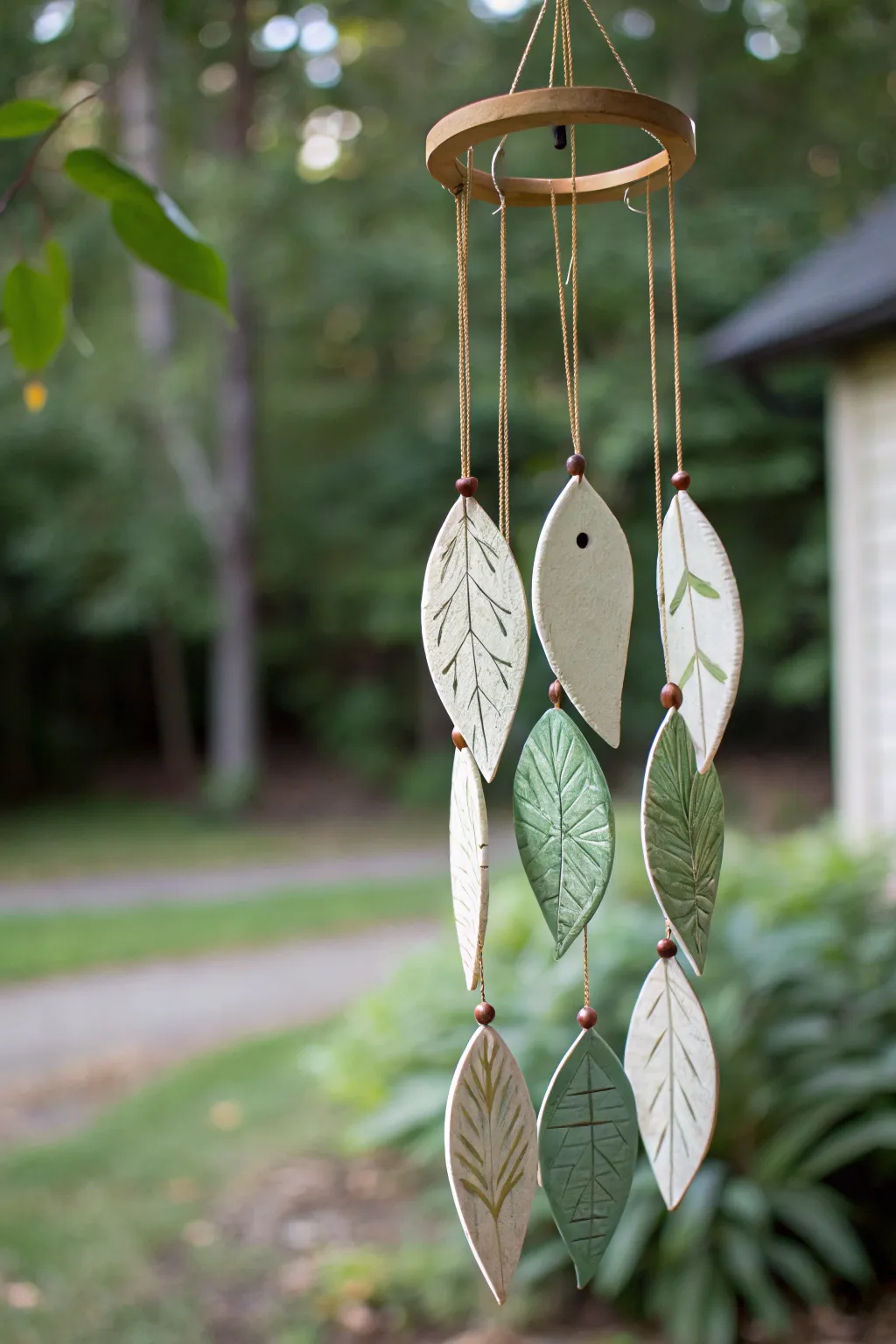 Leaf silhouette ceramic slab wind chime in soft greens, minimalist boho garden glow.
