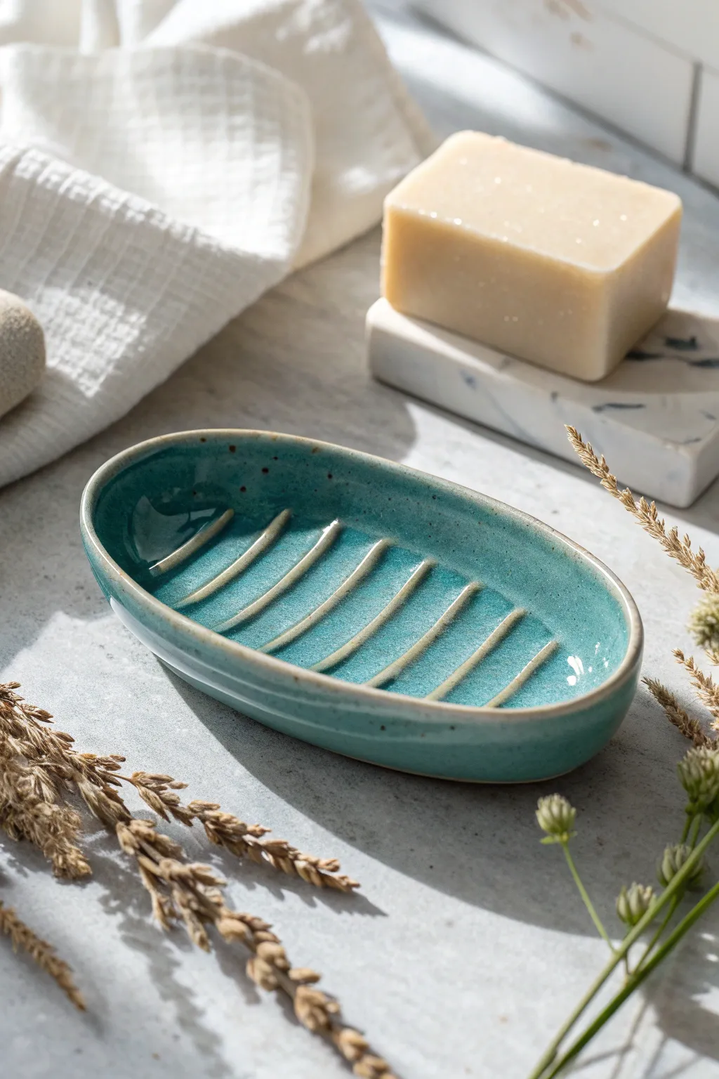 Minimal handmade ceramic soap dish with drainage ridges in bold teal, styled clean and calm