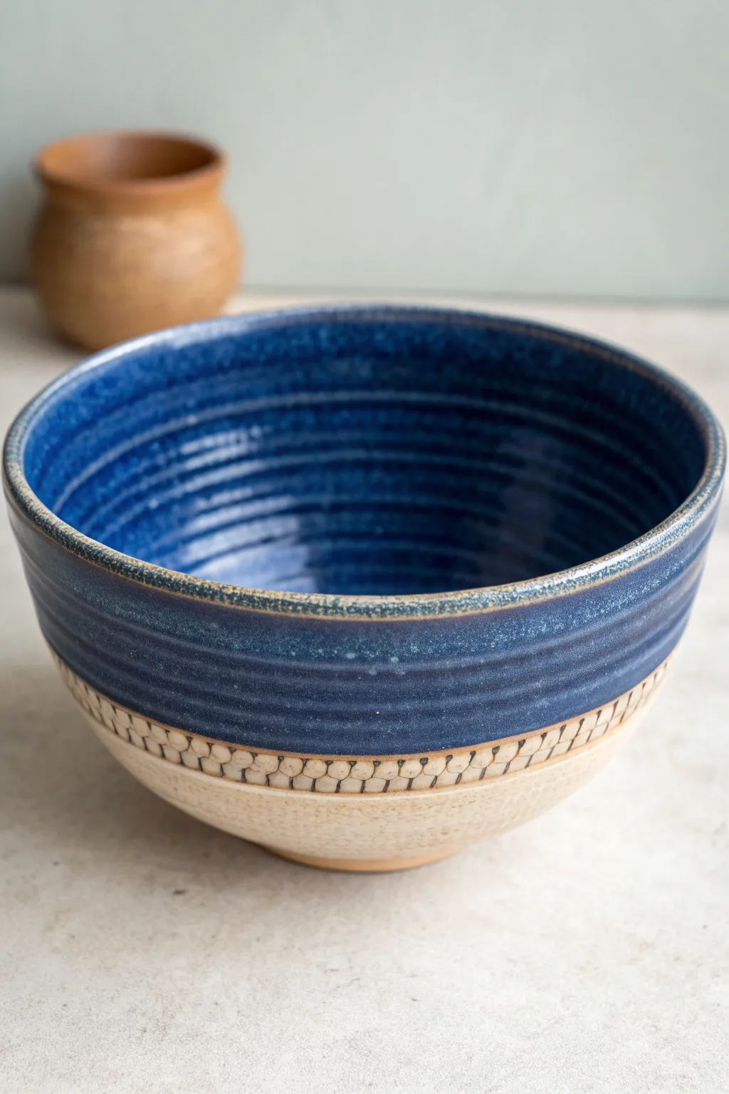 Wide wheel chatter bands catch the light, turning a simple bowl into tactile modern pottery.