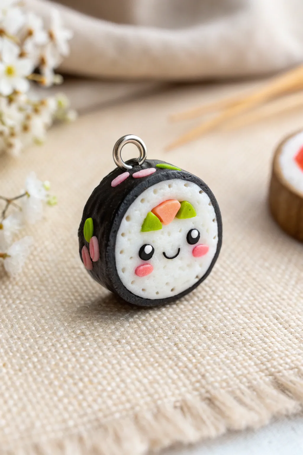 Mini sushi roll face charm with bold colors and simple kawaii details, perfect cute clay idea.