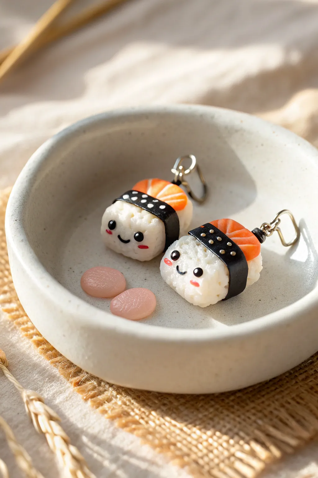 Two kawaii sushi buddy charms on a minimalist dish, bright colors and sweet blush faces