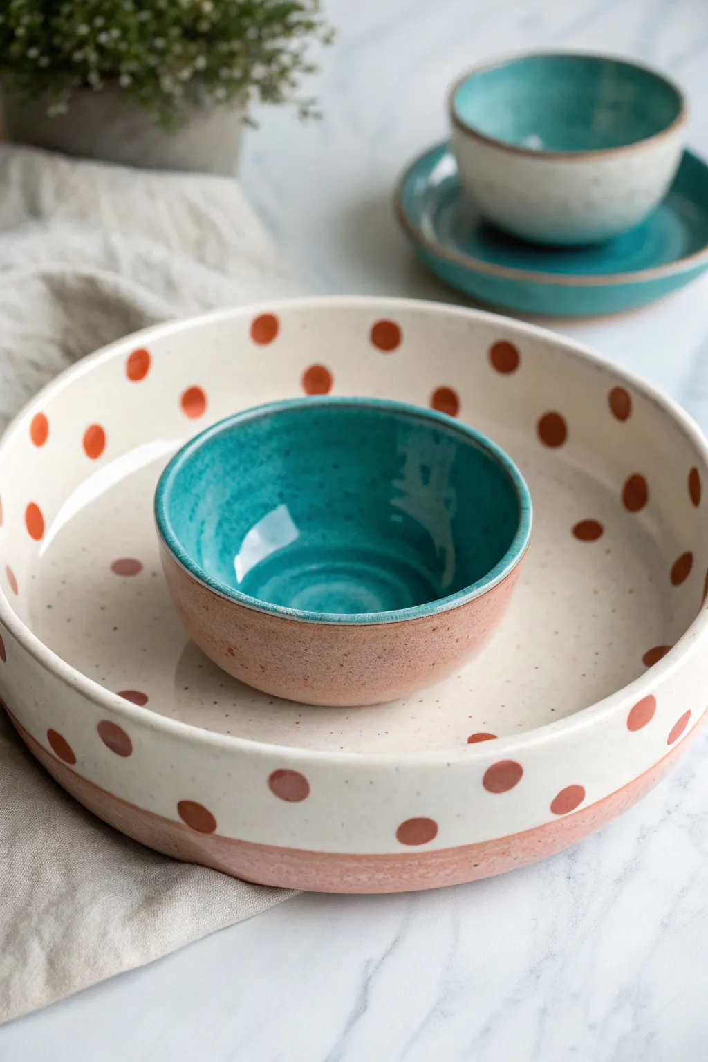 Simple polka dot chip and dip bowl with a bold solid dip well for an easy handmade look.