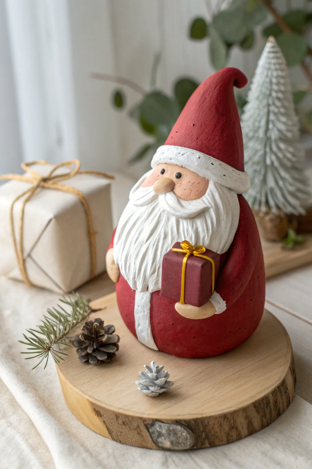 Chubby clay Santa with fluffy beard and tiny gift, a cozy minimalist Christmas shelf accent.