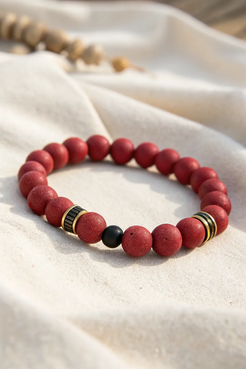 Santa suit clay bead bracelet: bold red beads, black belt stripe, and a gold buckle spacer