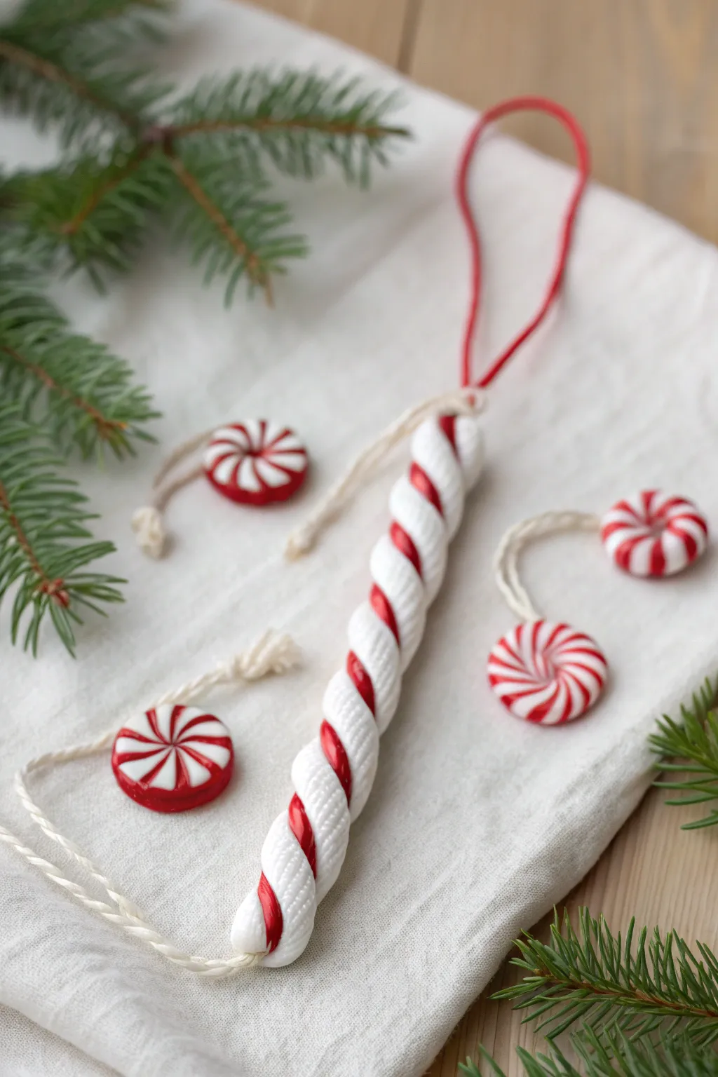 Glossy red and white candy cane clay ornament for a simple, playful Scandinavian Christmas craft.