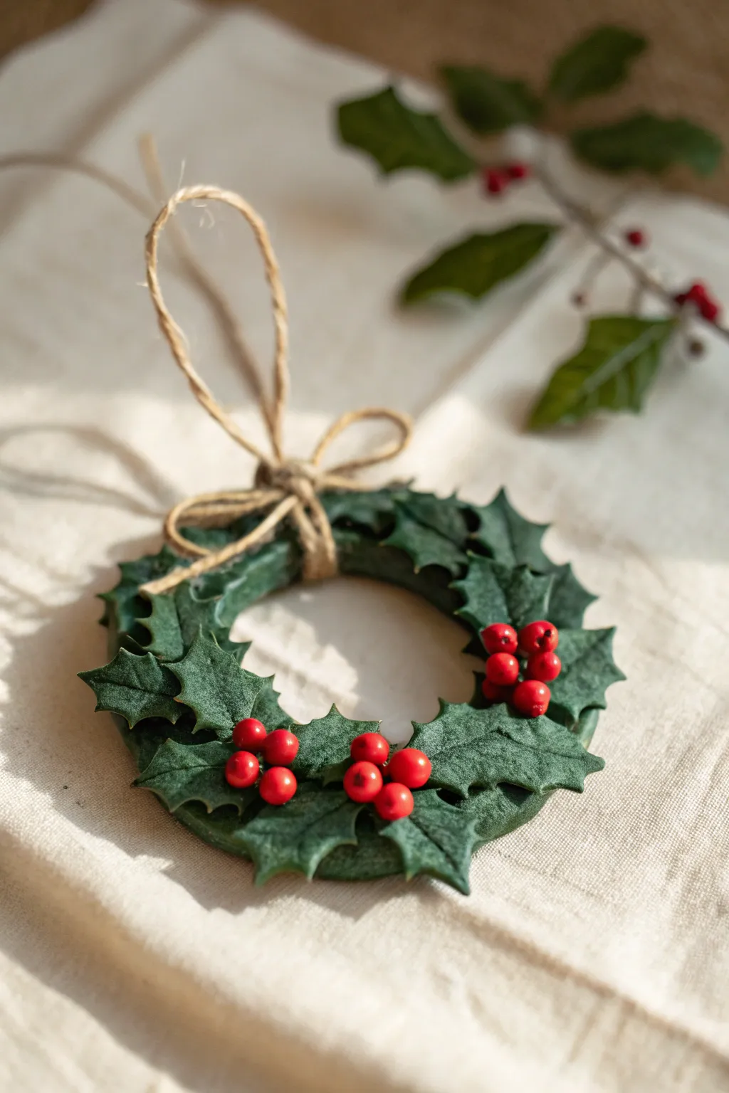 Mini clay holly wreath ornament with bright berries and twine bow on a soft neutral backdrop