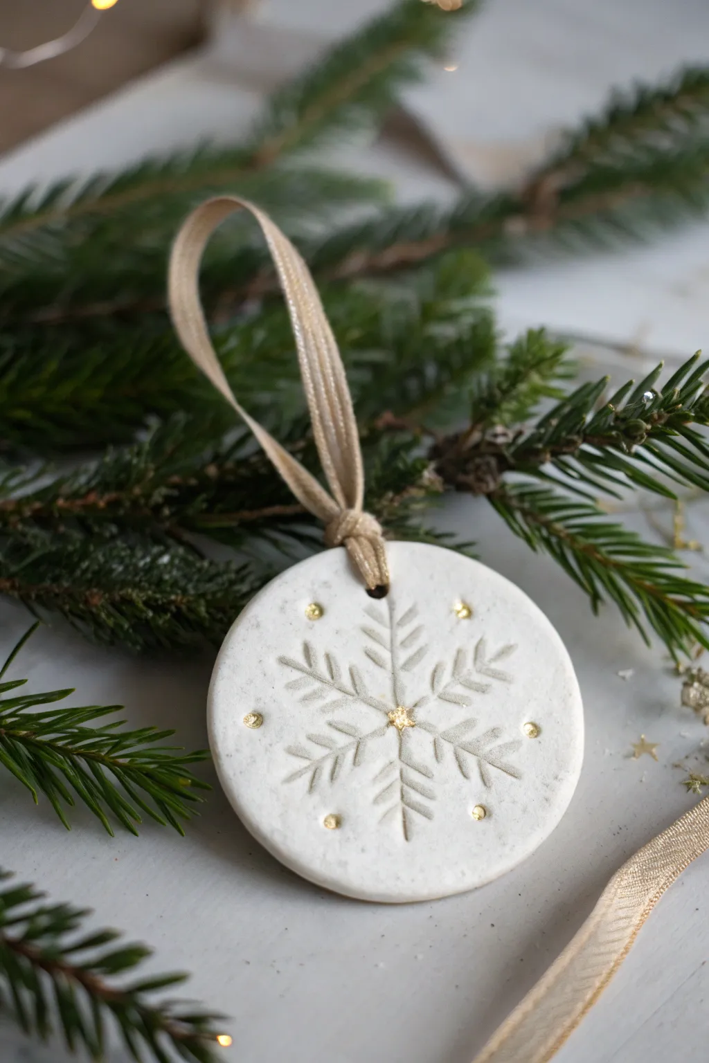 Elegant white clay snowflake medallion with metallic accents for a chic handmade Christmas touch.