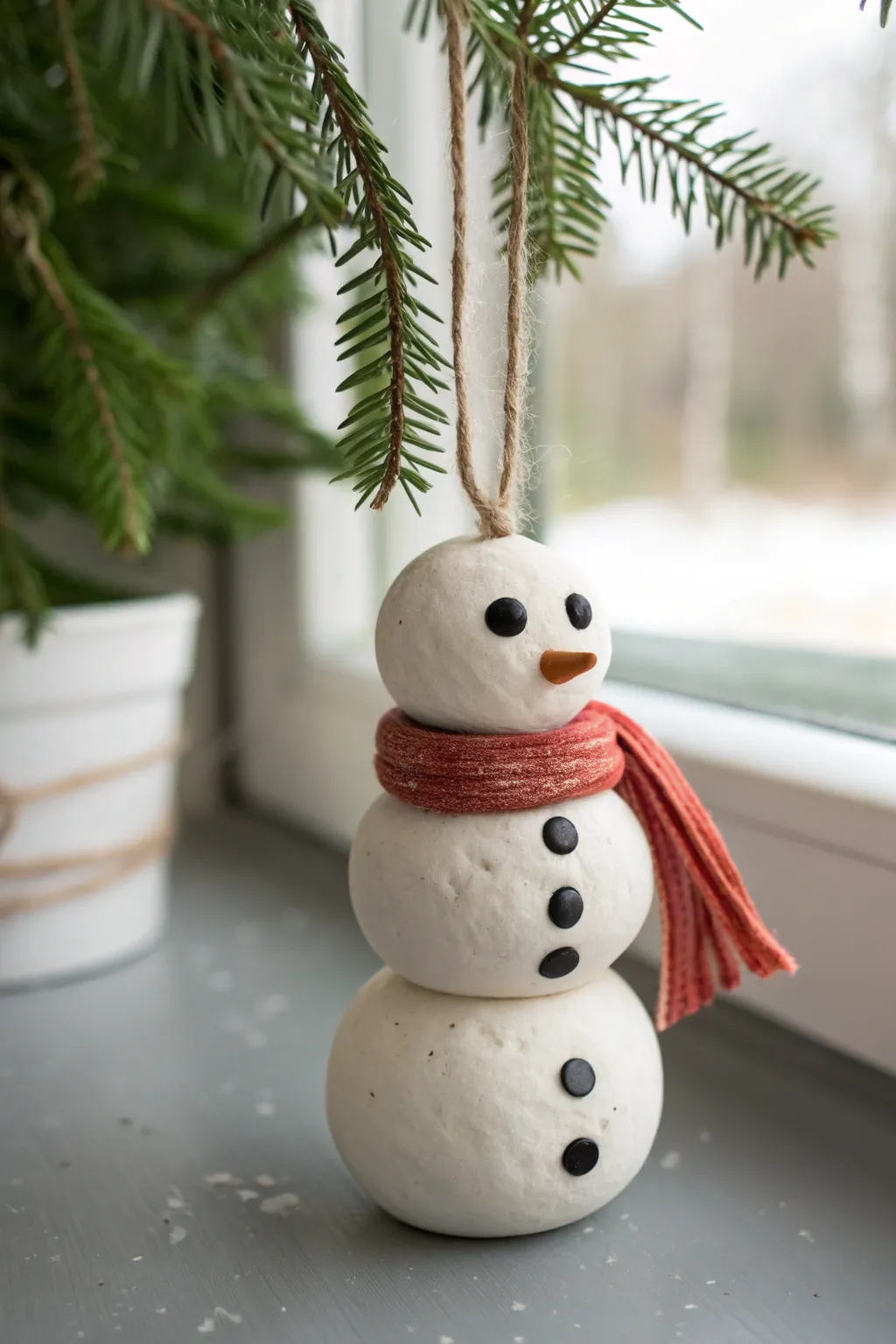 Easy stacked clay snowman ornament with a textured scarf, perfect for kid-friendly Christmas fun