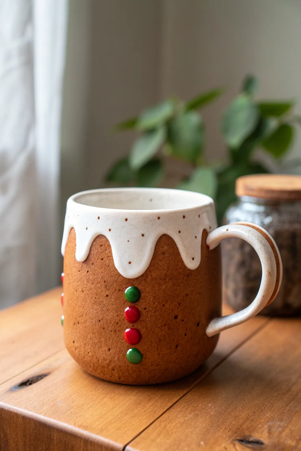 Gingerbread clay mug with sweet icing drips and candy dots for cozy Christmas cocoa.