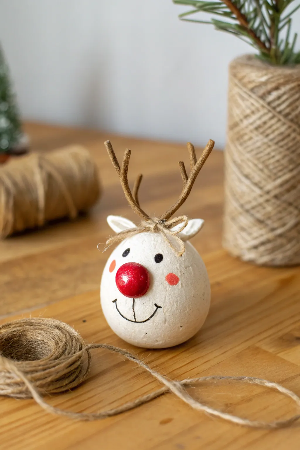 Minimal clay reindeer ornament with simple antlers and a bold red nose on warm wood.