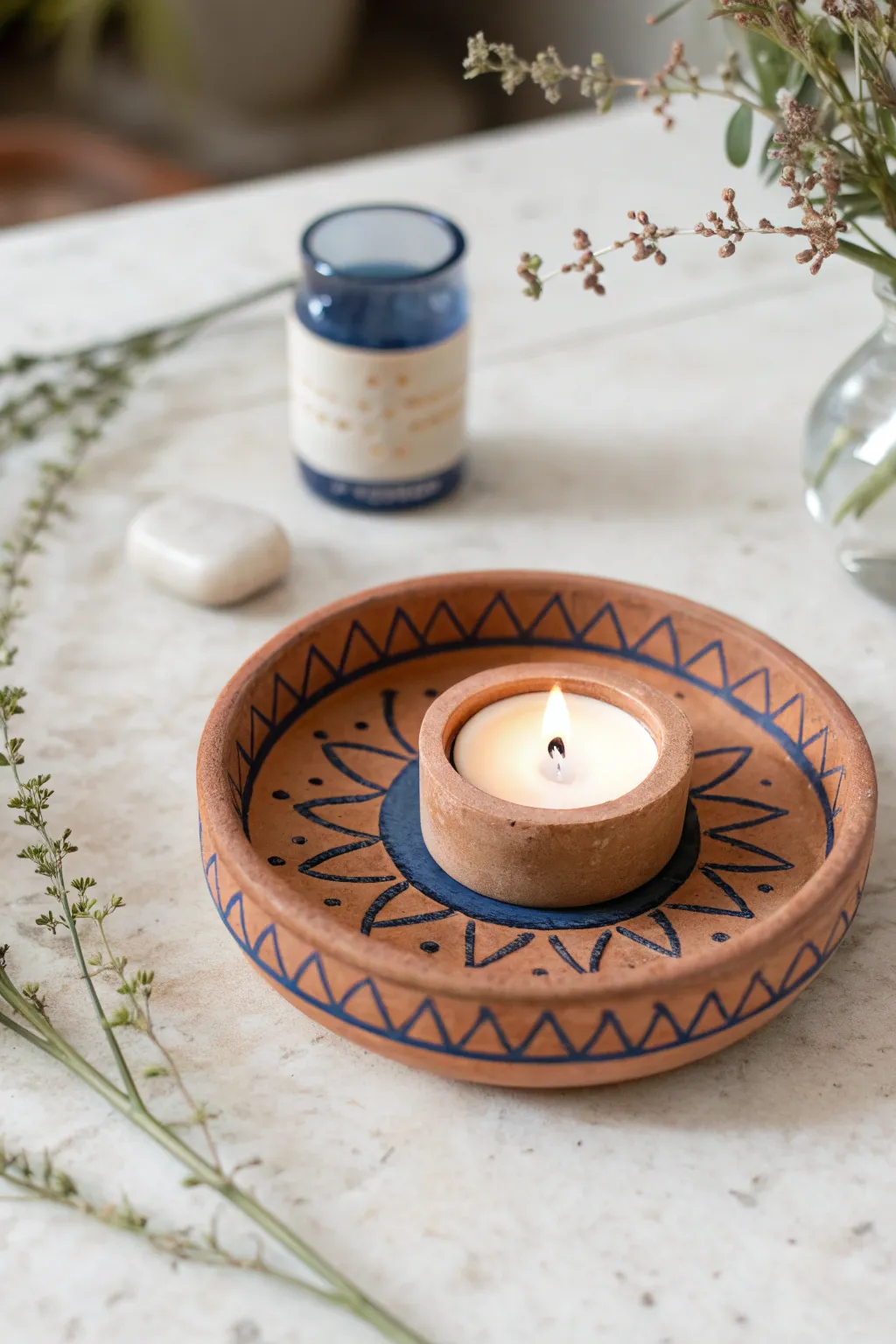 Simple circle clay tile candle catcher, handmade with a raised rim and a bold color pop.