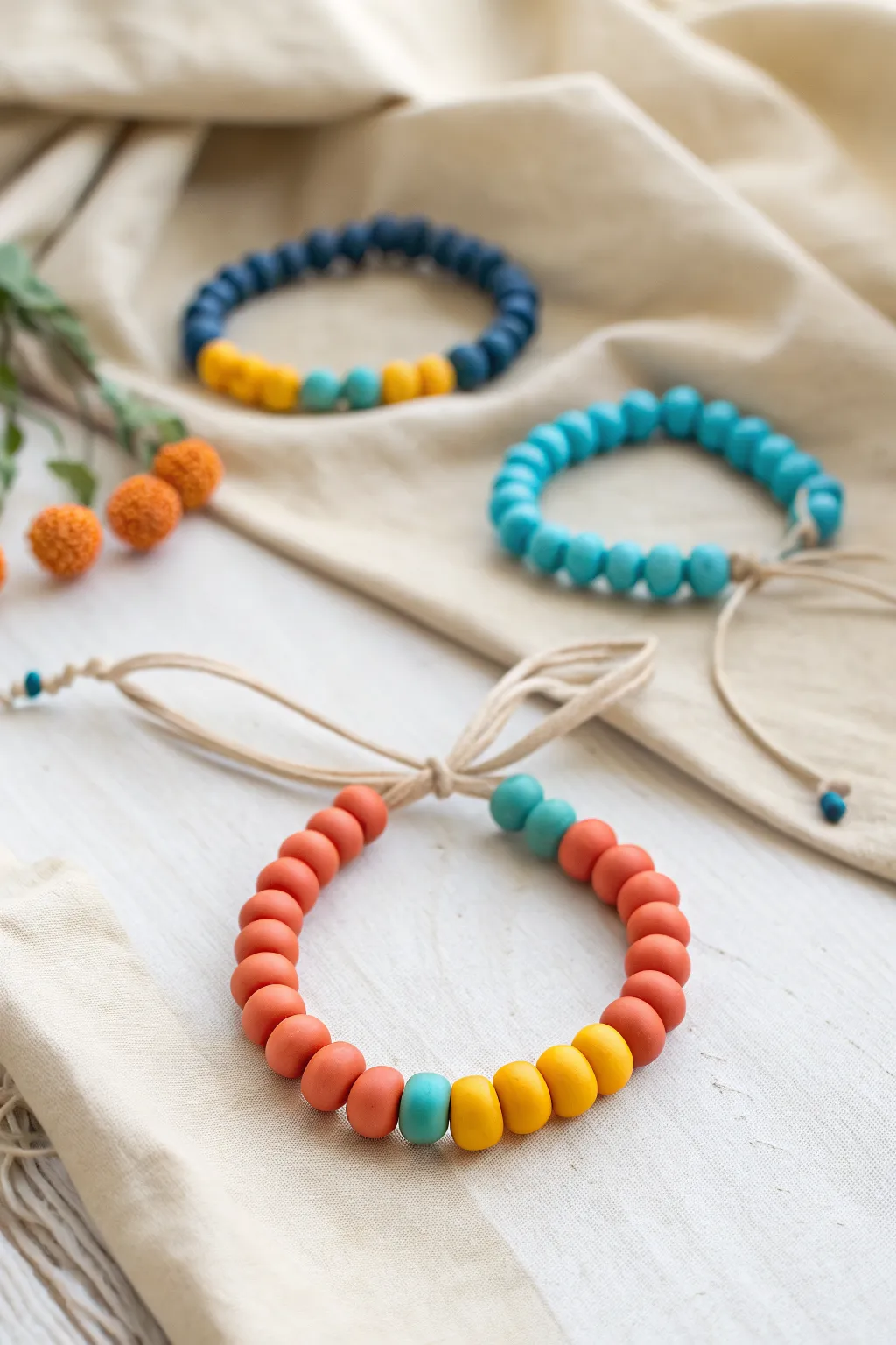Bold, cheerful clay bead jewelry on neutral linen for an easy DIY look with modern boho charm