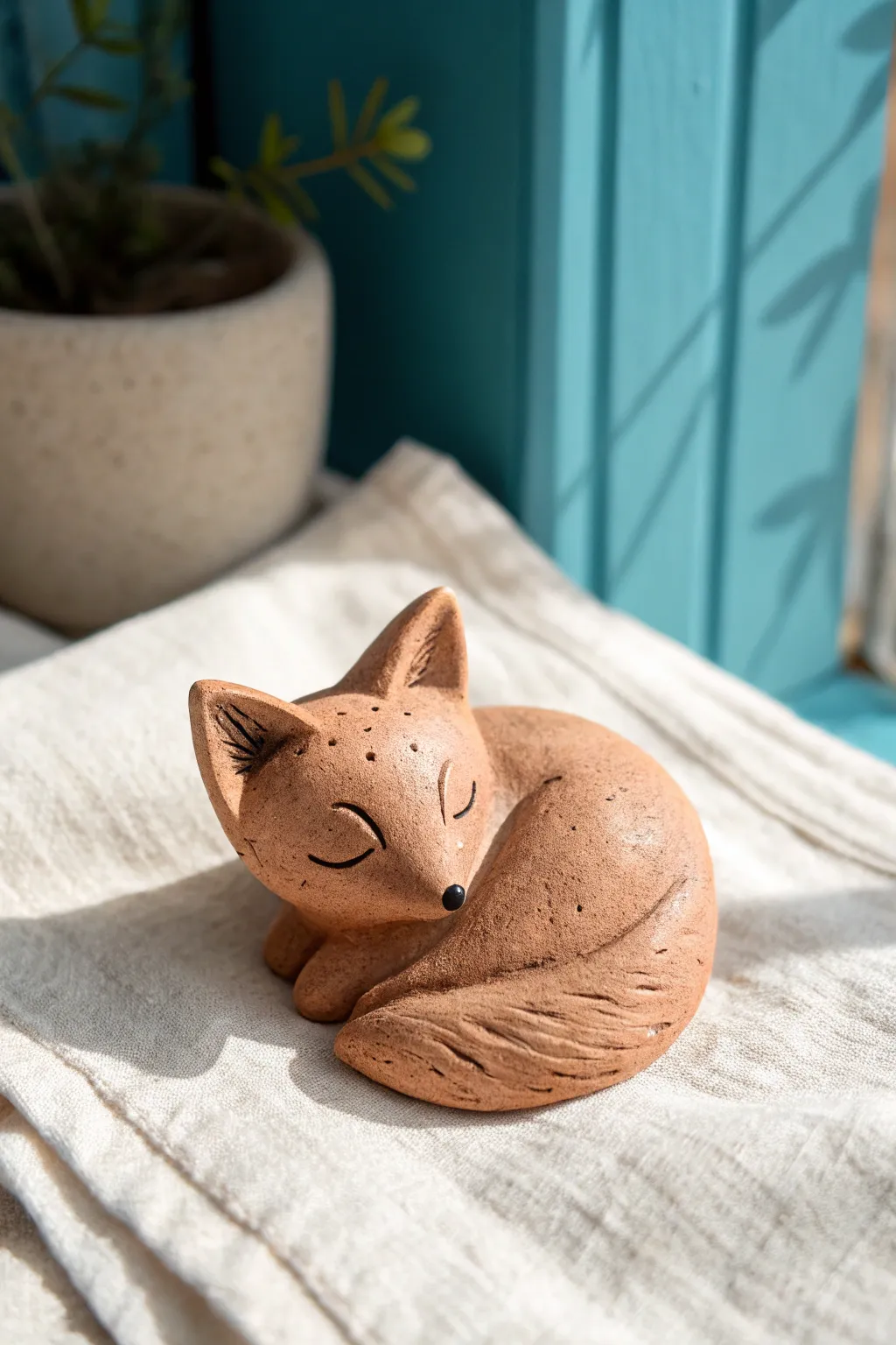 Tiny sleeping fox curl in warm terracotta, a minimalist clay sculpture with cozy boho mood.