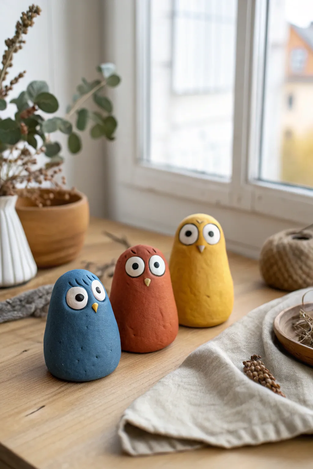 Whimsical pinch pot trio with bright glazes and big eyes, perfect for playful clay art ideas