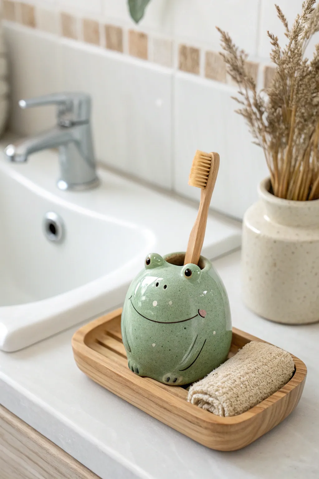 Chunky sage-green frog cup buddy that keeps your toothbrush tidy with minimalist charm
