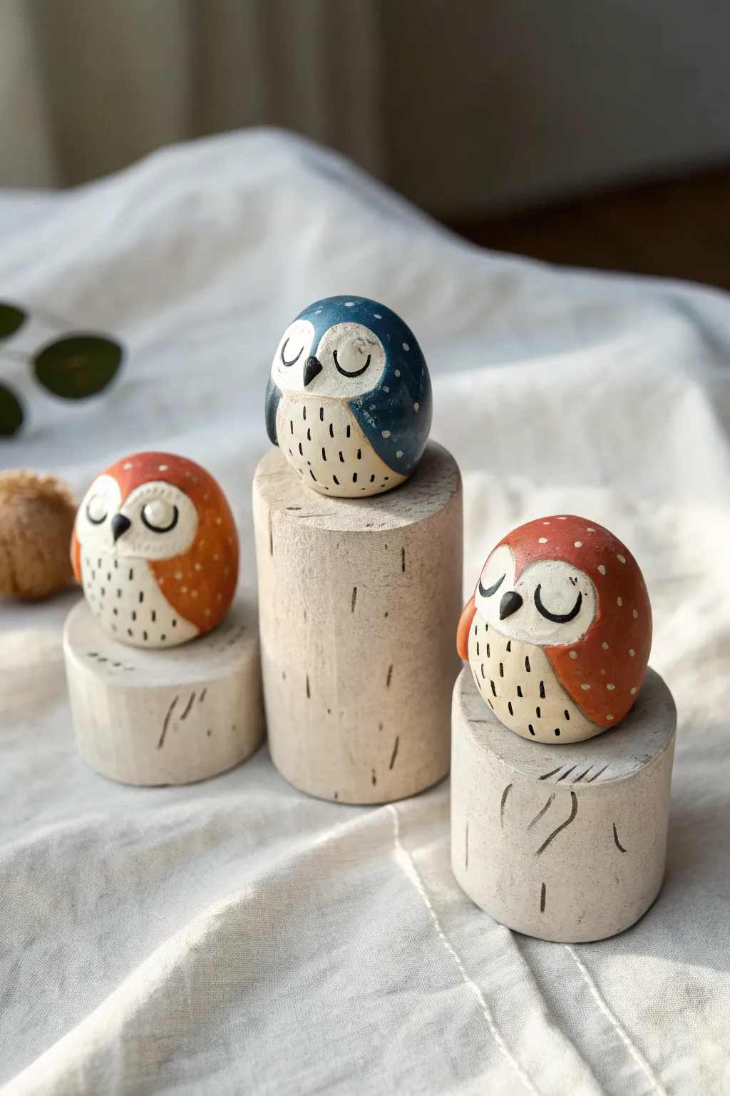 Sleepy owl minis in bold clay colors, perched on tiny stumps, simple and charming.