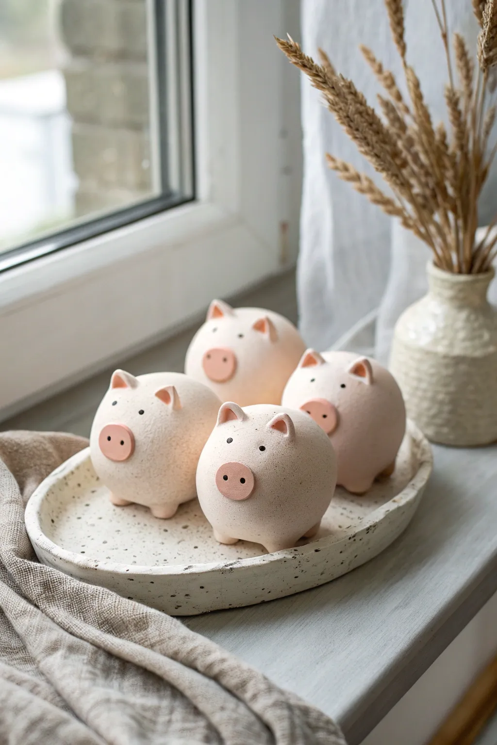 Cute clay baby piggies with button snouts, pale pink and blushing cheeks on a minimalist tray.