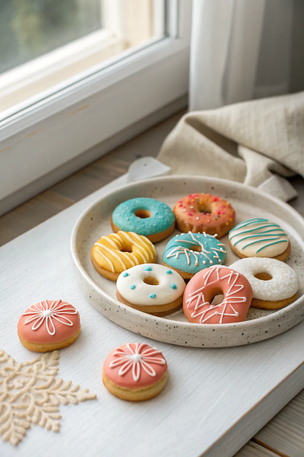 Mini clay donuts and cookies on a simple plate, bold icing colors, easy kid-friendly clay art.