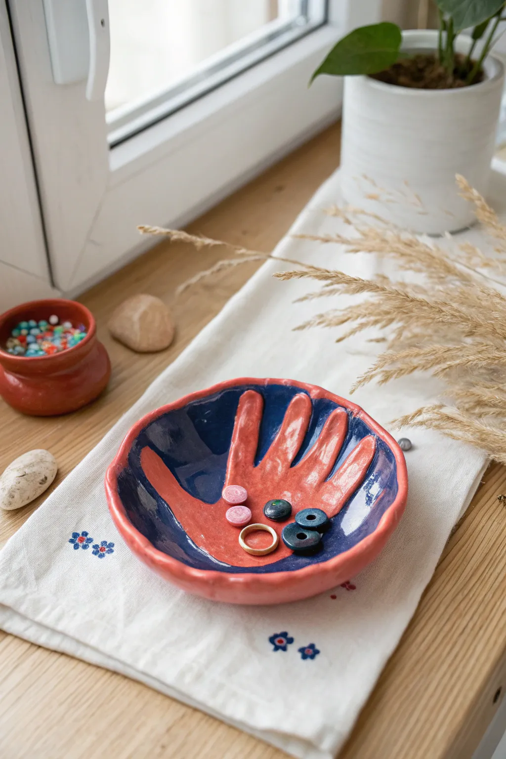 Handprint trinket dish in bold color, perfect for kids keepsakes and tiny treasures