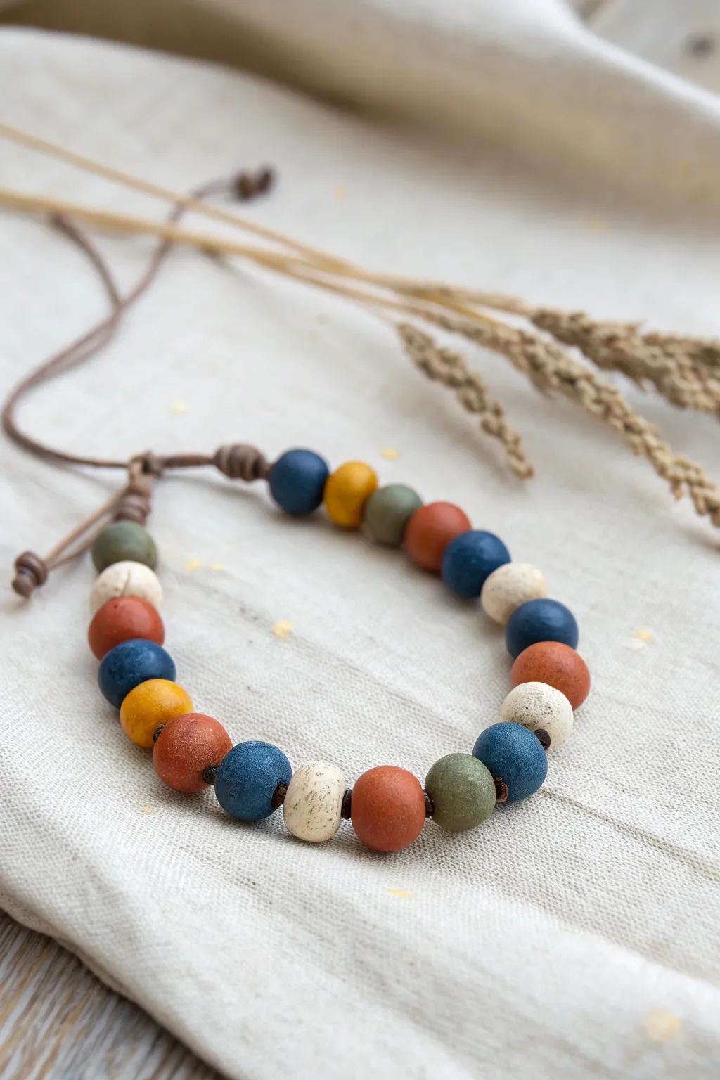 Playful polymer clay bead bracelet in bold colors on linen, minimalist boho charm