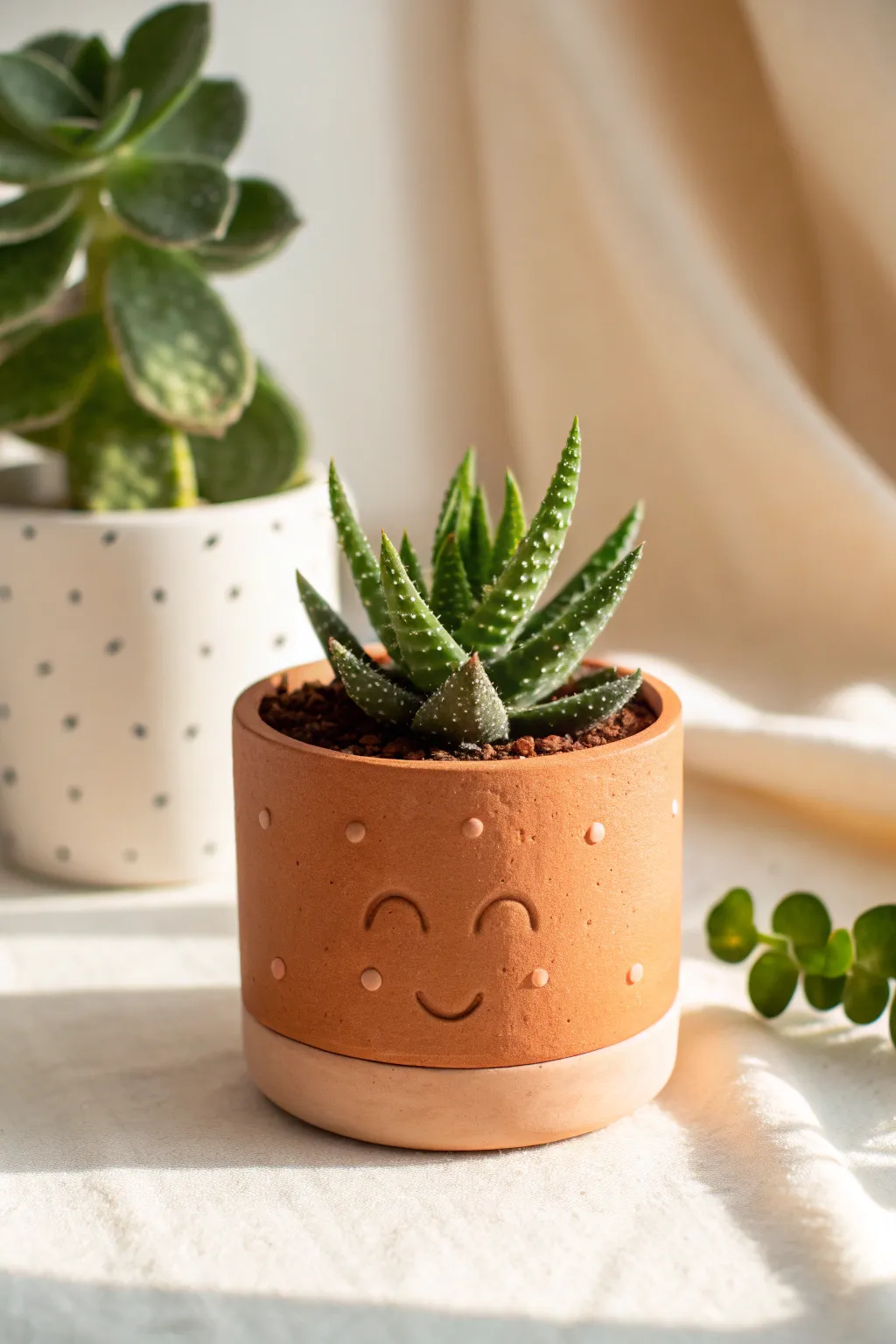 Adorable DIY clay character planter with a tiny succulent, minimalist boho vibes and bold contrast