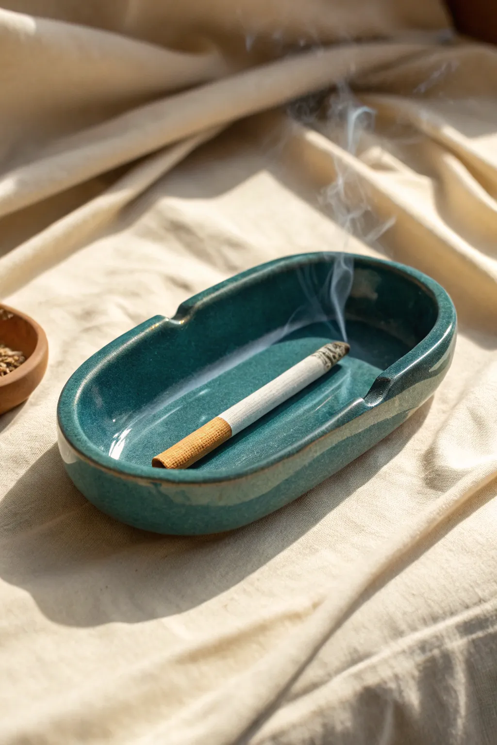 Minimal oval clay ashtray with two long rests, satin teal finish for a chic boho vibe.