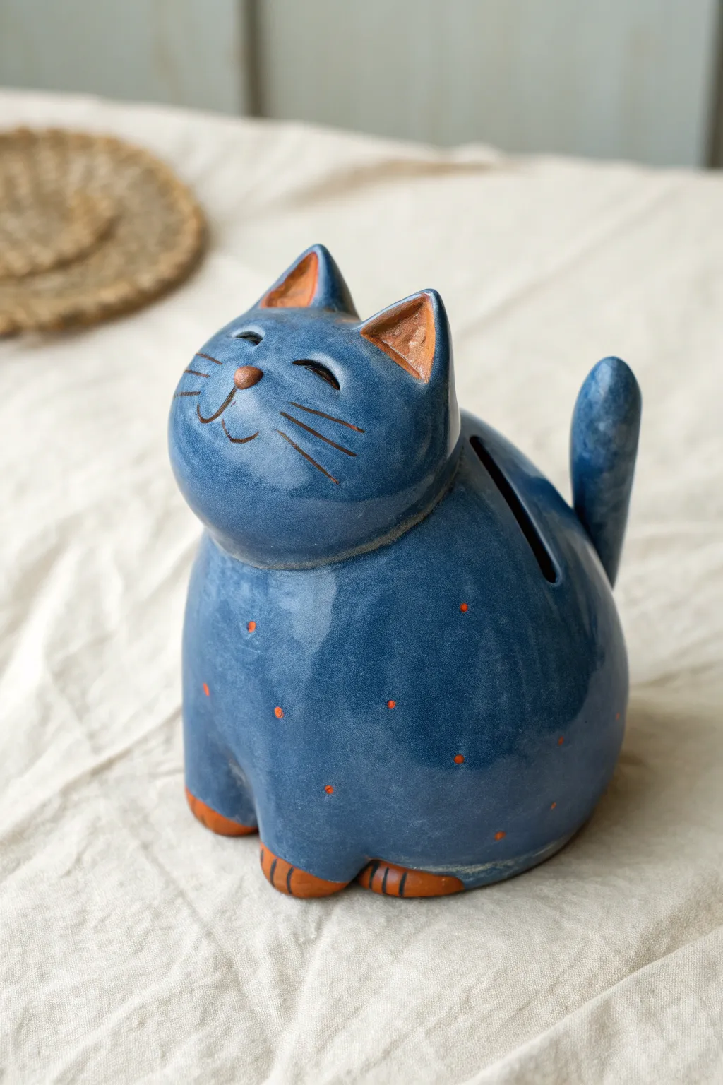 Minimalist sitting cat clay bank with pointy ears, bold color, and a simple coin slot.