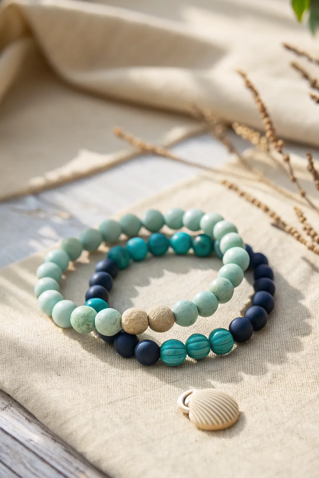 Ocean blues and seafoam greens clay bead bracelets with a simple shell accent on warm sand tones