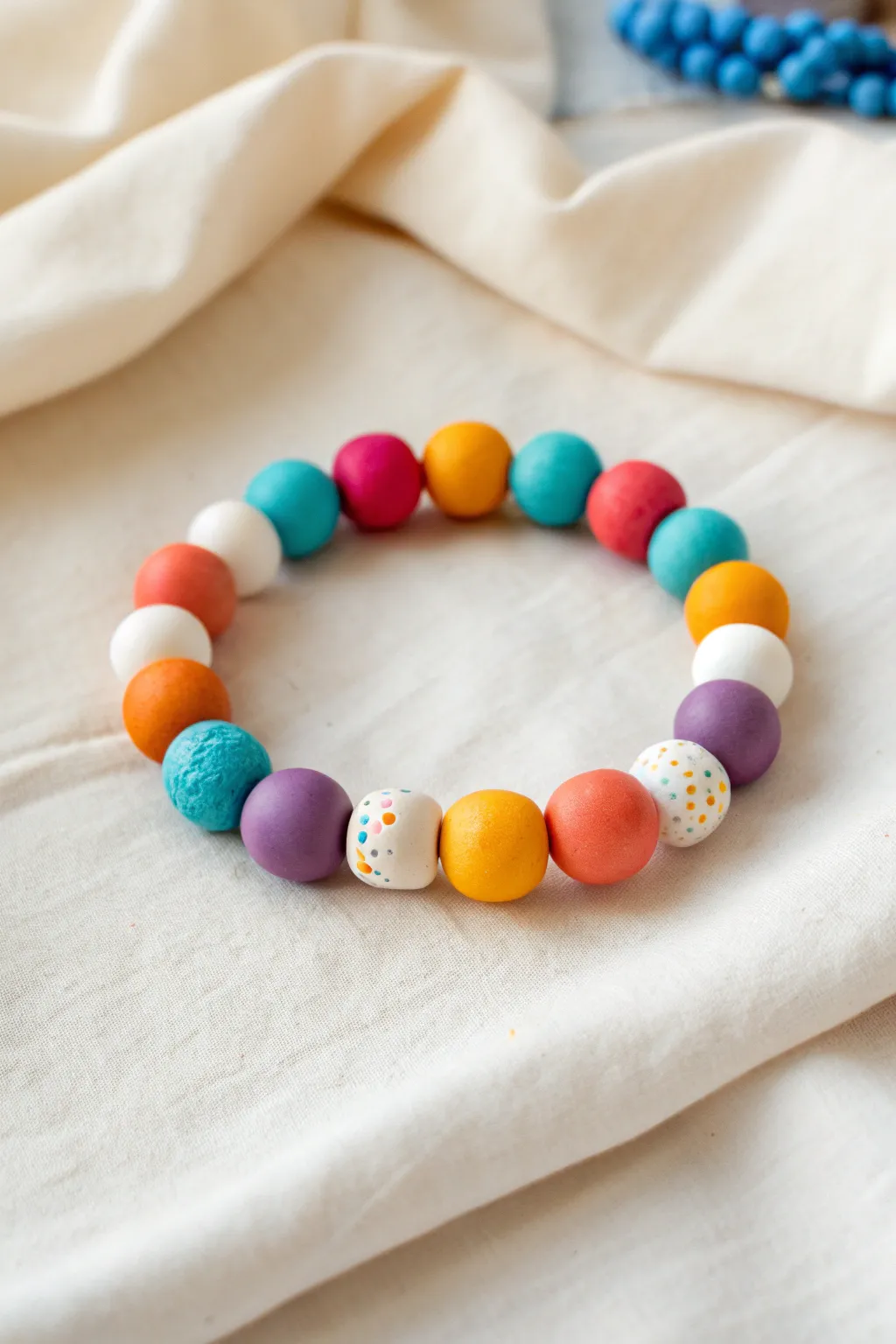 Happy random mix clay bead bracelet: bold colors, minimalist flat lay, easy DIY inspiration
