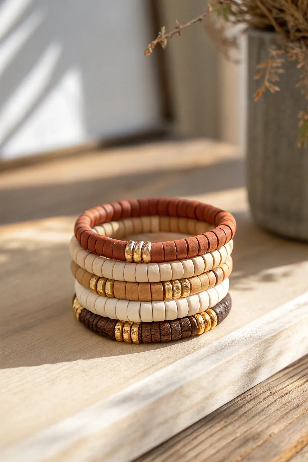 Neutral latte heishi bracelet stack in cream, tan, and mocha for cozy minimalist boho vibes.
