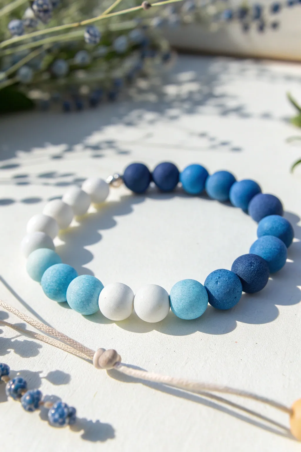 Navy-to-sky ombre clay bead bracelet in a clean curve for simple, boho-minimal style.